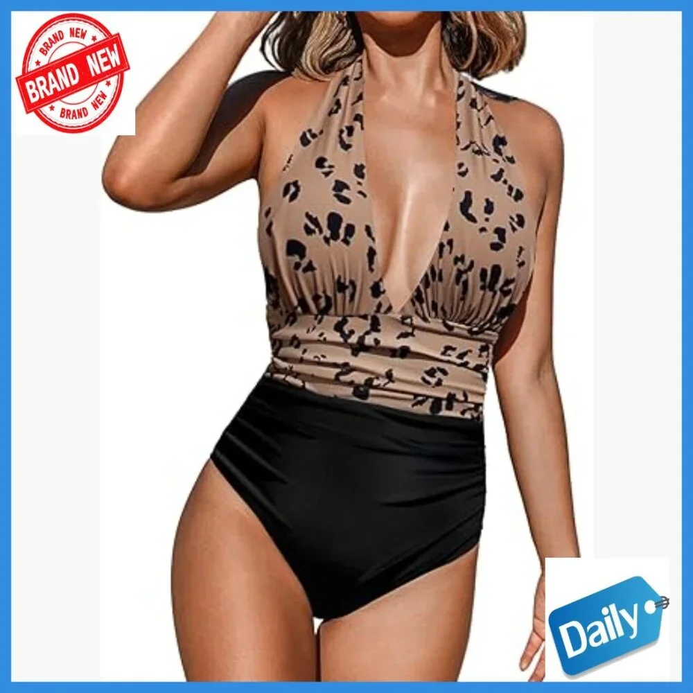 One Piece Swimsuit Halter Backless Ruched Tummy Control Bathing Suit